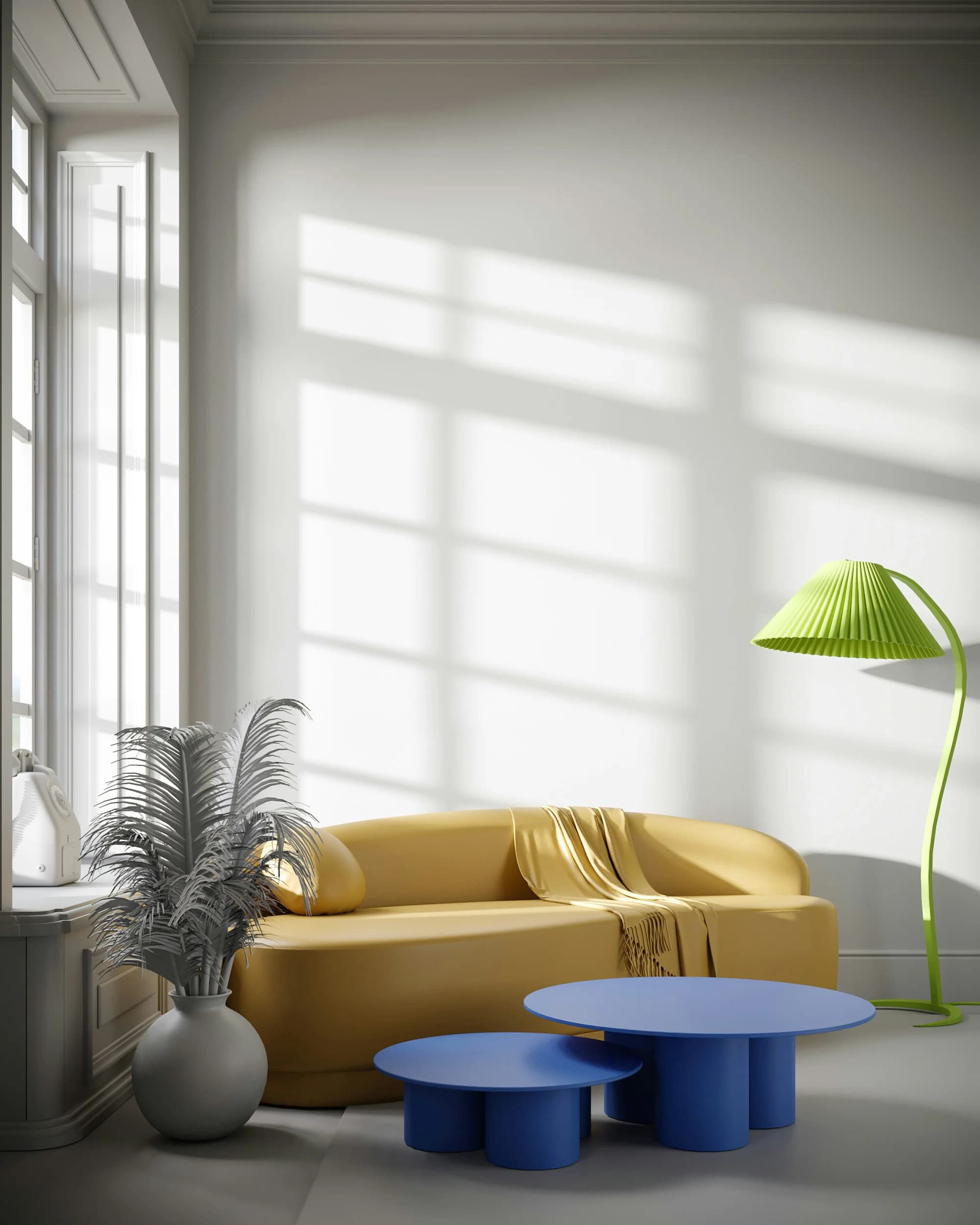 Wohnzimmer mit gelbem Sofa